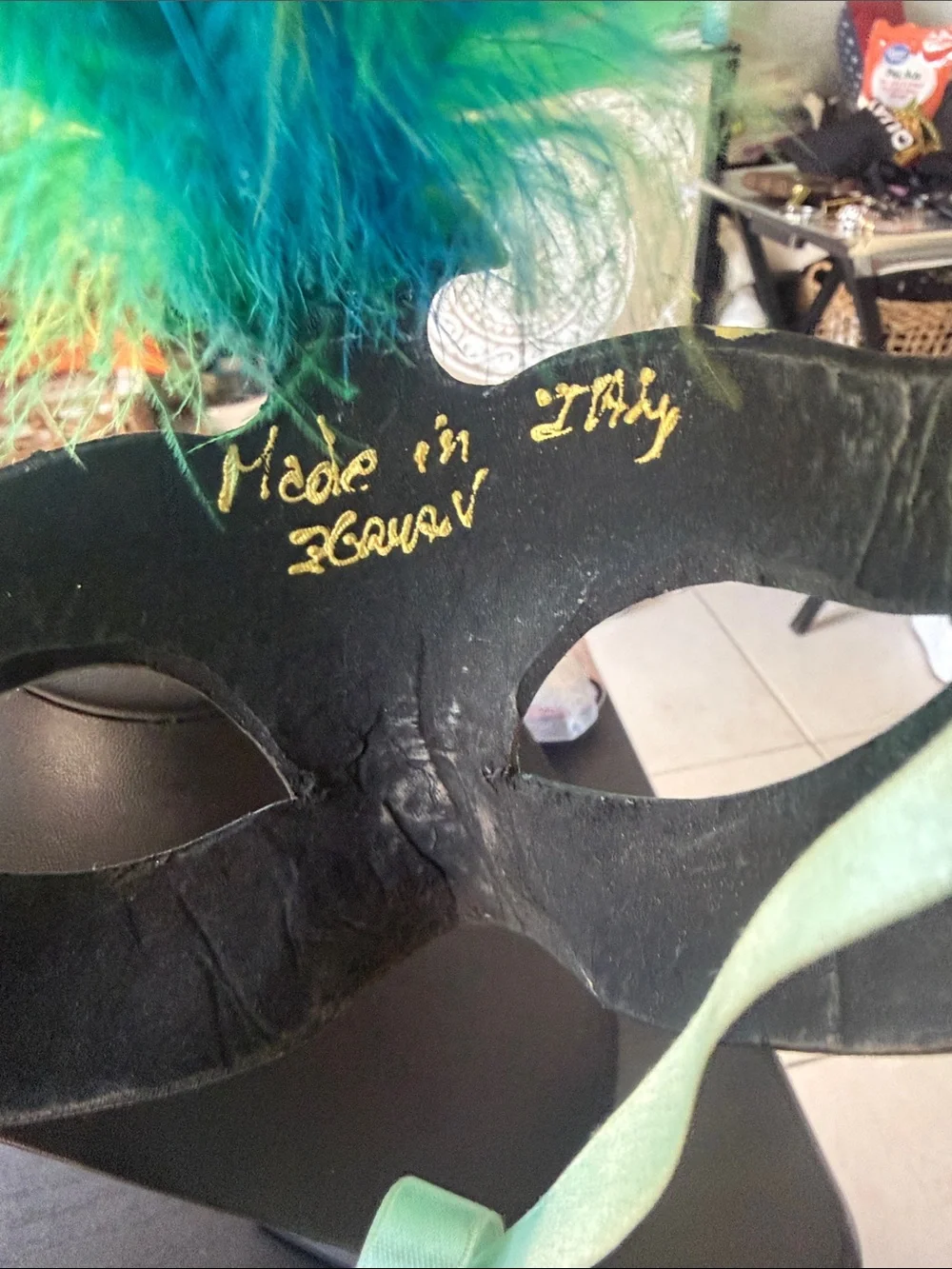 Women's Teal and Gold Feathered Masquerade Face Mask